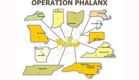 Map showing cities and states in which the fraudulent document trafficking ring was active